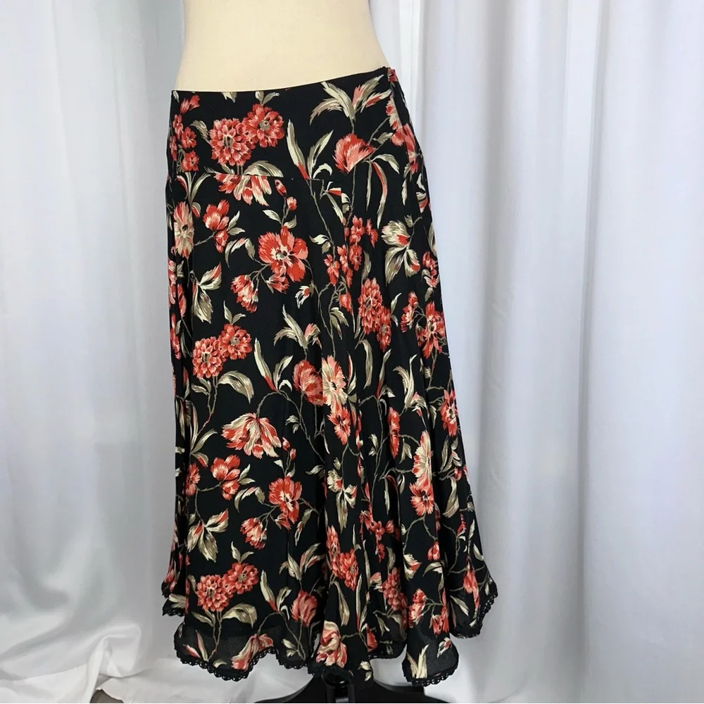 Jones New York Signature Skirt Womens 6 Black Floral A-Line Wool Blend Lined EUC
